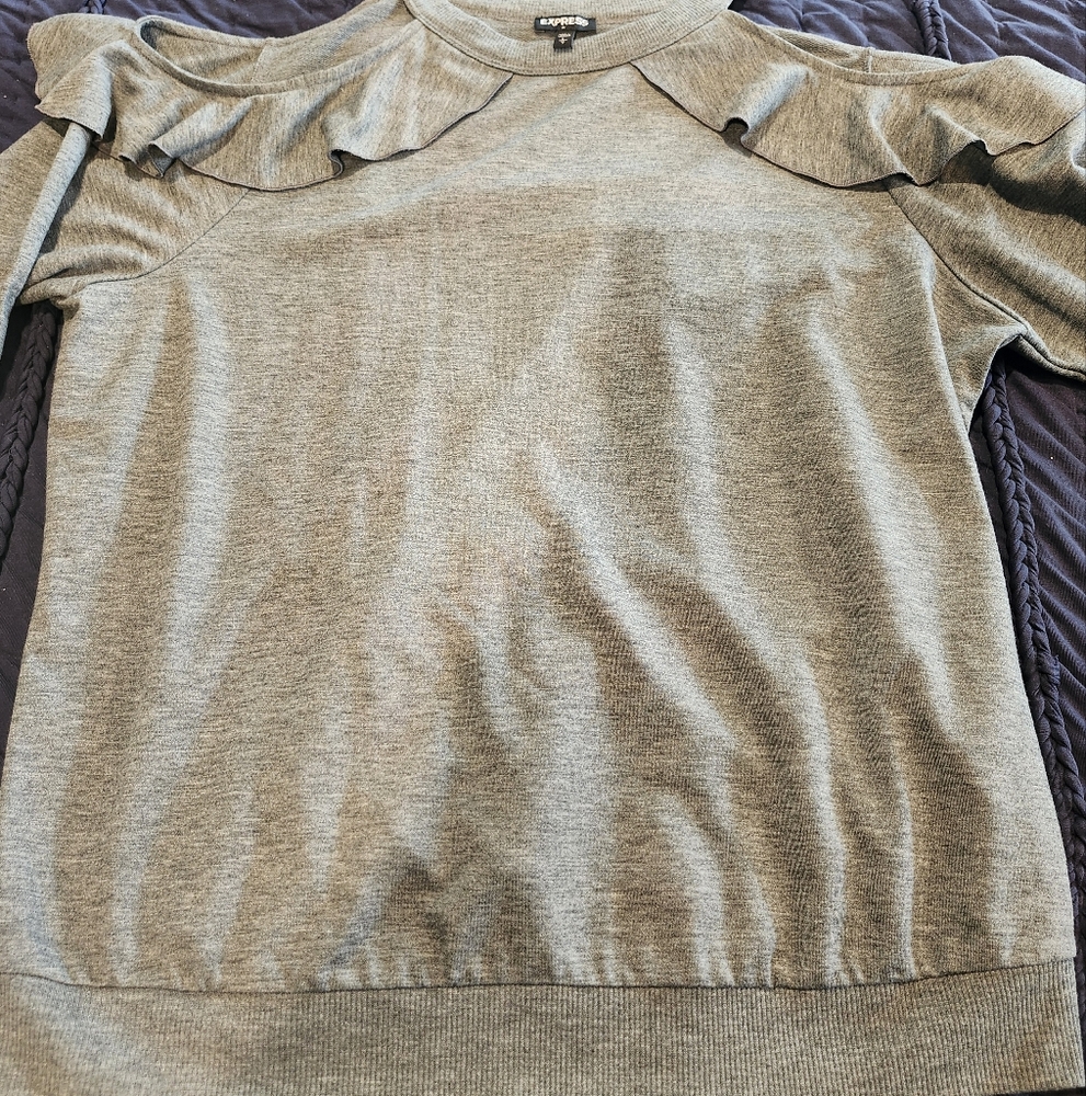 Express Gray Ruffle Cold Shoulder Sweatshirt - Picture 4 of 8